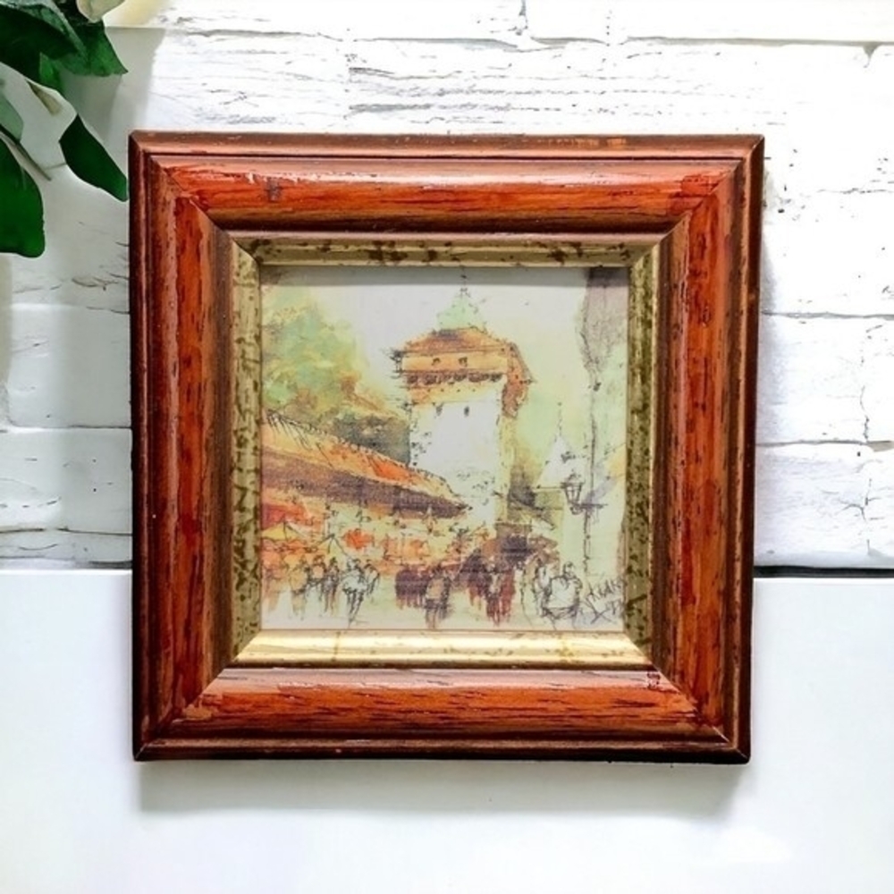 Krakow Poland Watercolor Wood Frame Postcard Reproduction Souvenir Multicolored